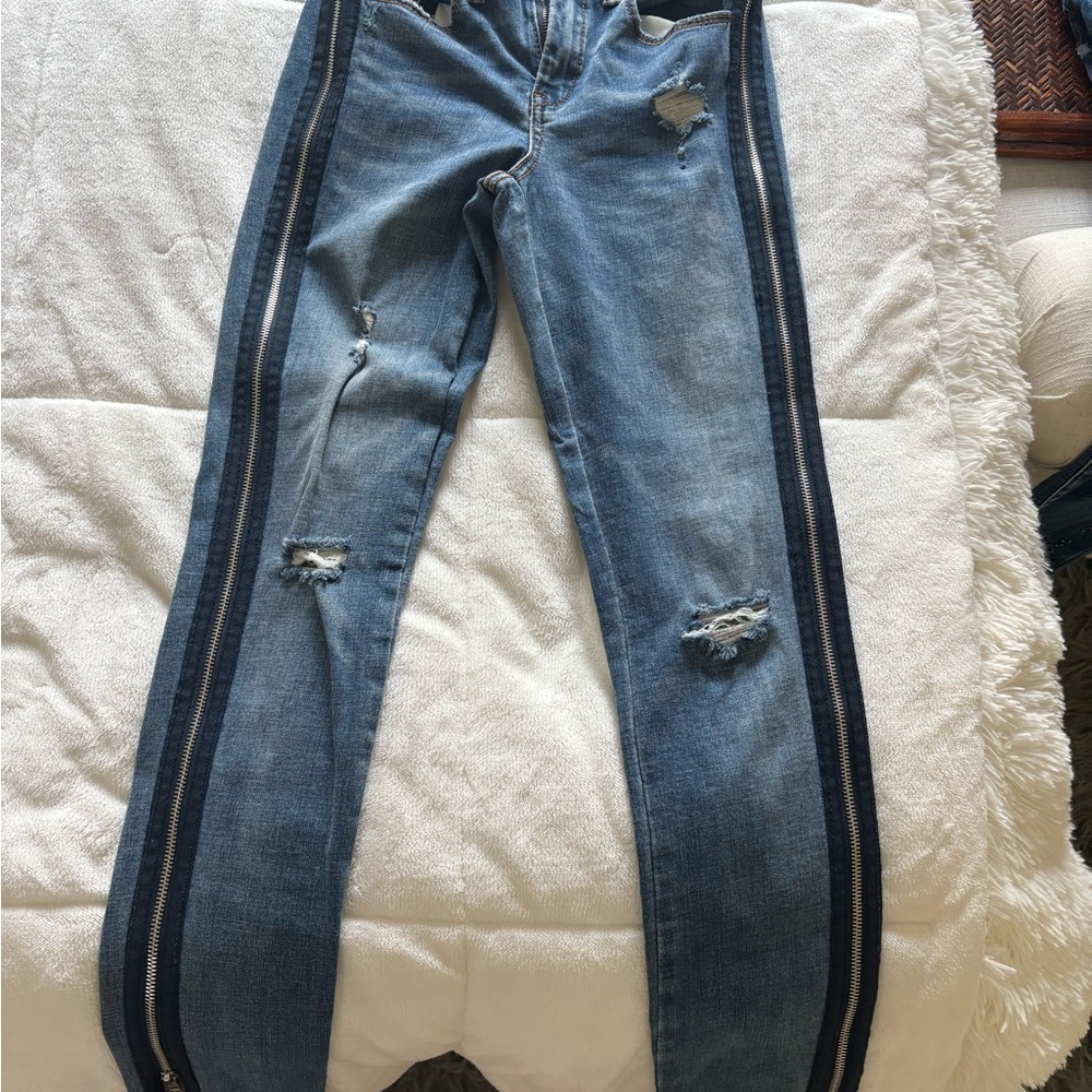 Distressed Blue Jeans with Black Stripe